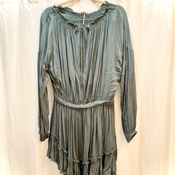 Free People Slate Blue Mini Boho Dress w/drop elastic waist - Picture 1 of 14